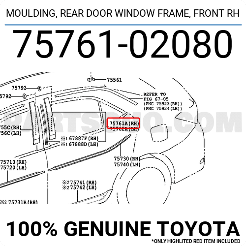 7576102080 Toyota Moulding Rear Door Window Frame Front Rh