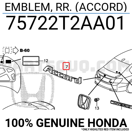 75722T2AA01 Honda EMBLEM, RR. (ACCORD)