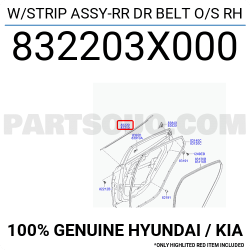 832203X000 Hyundai / KIA W/STRIP ASSY-RR DR BELT O/S RH