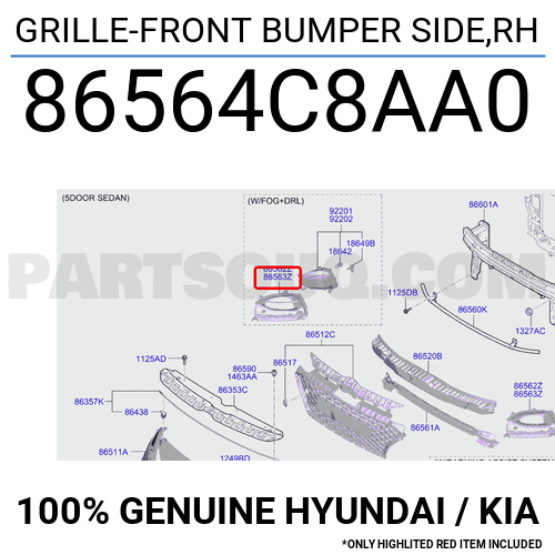 GRILLE-FRONT BUMPER SIDE,RH 86564C8AA0 | Hyundai / KIA Parts
