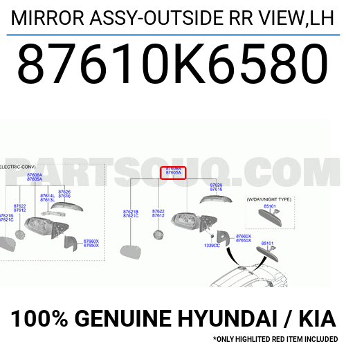 MIRROR ASSY-OUTSIDE RR VIEW,LH 87610K6580 | Hyundai / KIA Parts 