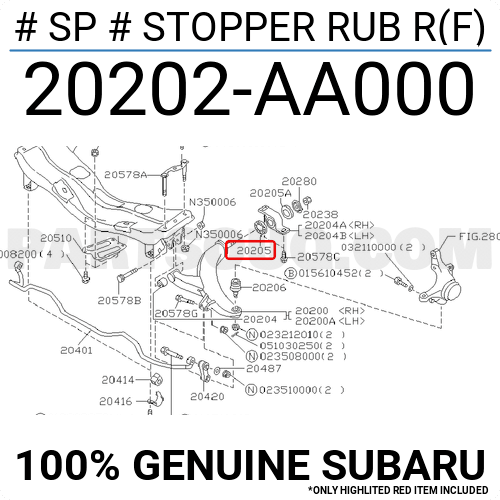 20202-AA001 20202AA001 Genuine Subaru STOPPER RUB R F