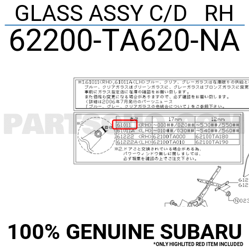 GLASS ASSY C/D RH 62200TA620NA Subaru Parts PartSouq