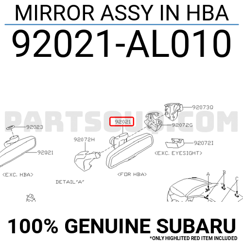 MIRROR ASSY IN HBA 92021AL010 | Subaru Parts | PartSouq