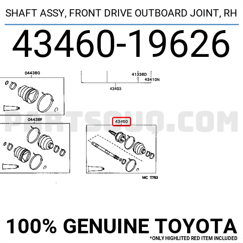 Shaft Assy,Outboard 43460-19626 Genuine Toyota Parts 