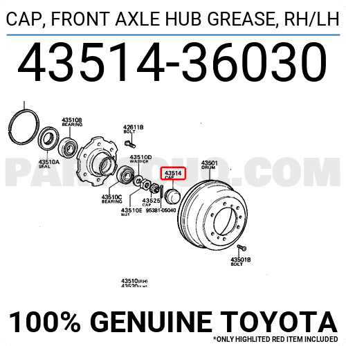 New Genuine OEM Part front hub grease 4351436030 43514-36030 Toyota Cap 