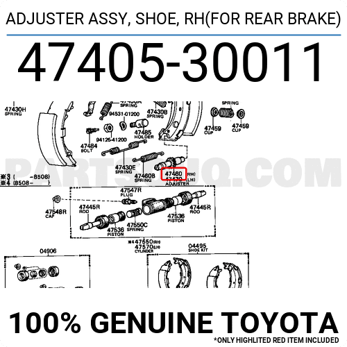 ADJUSTER ASSY, SHOE, RH(FOR REAR BRAKE) 4740530011 | Toyota Parts ...