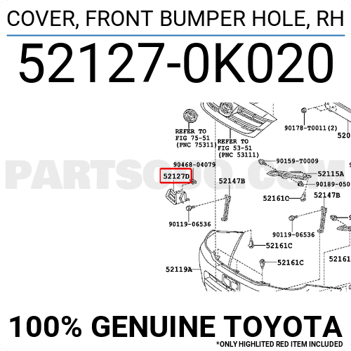 5212776904 Genuine Toyota COVER, FRONT BUMPER HOLE, RH 52127-76904
