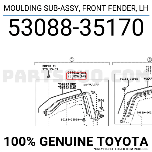 MOULDING SUB-ASSY, FRONT FENDER, LH 5308835171 | Toyota Parts