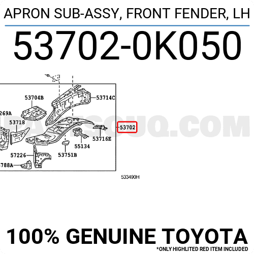 APRON SUB-ASSY, FRONT FENDER, LH 537020K050 | Toyota Parts | PartSouq