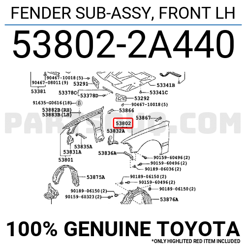 FENDER SUB-ASSY, FRONT LH 538022A440 | Toyota Parts | PartSouq