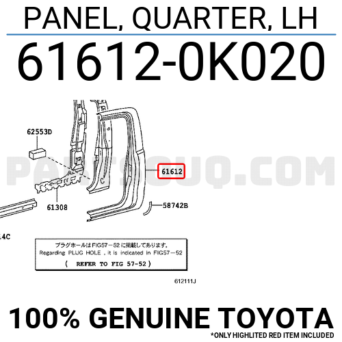 616120K020 Toyota PANEL, QUARTER, LH