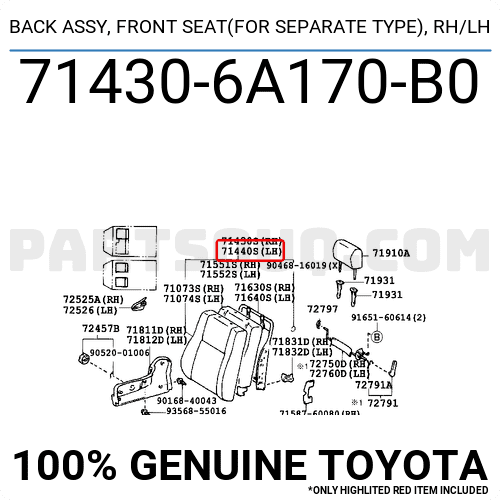 BACK ASSY, FRONT SEAT(FOR SEPARATE TYPE), RH/LH 714306A170B0 | Toyota ...