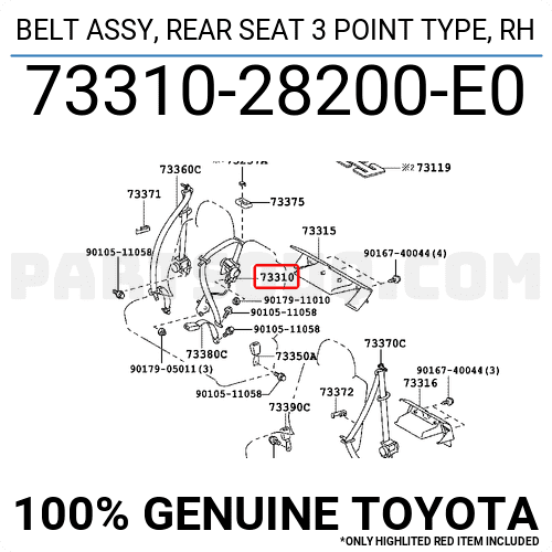 BELT ASSY, REAR SEAT 3 POINT TYPE, RH 7331028200E0 | Toyota Parts ...