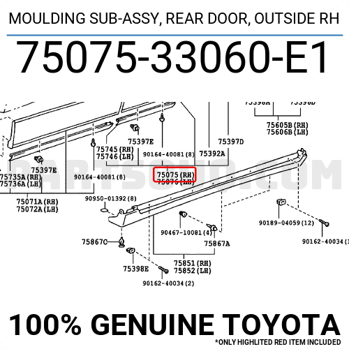 MOULDING SUB-ASSY, REAR DOOR, OUTSIDE RH 7507533060E1 | Toyota Parts ...