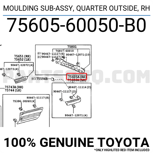MOULDING SUB-ASSY, QUARTER OUTSIDE, RH 7560560050B0 | Toyota Parts ...
