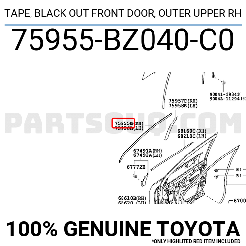 75955BZ040C0 Toyota TAPE, BLACK OUT FRONT DOOR, OUTER UPPER RH