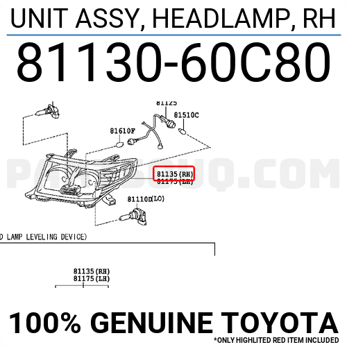 RH 81130-6A231 811306A231 Genuine Toyota UNIT ASSY HEADLAMP