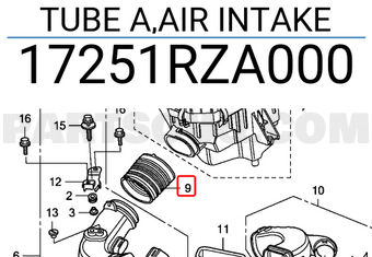 Honda 17251RZA000 TUBE A,AIR INTAKE