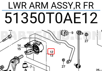 Honda 51350T0AE12 LWR ARM ASSY,R FR