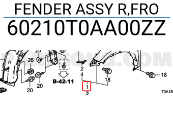 Honda 60210T0AA00ZZ FENDER ASSY R,FRO
