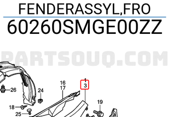 Honda 60260SMGE00ZZ FENDERASSYL,FRO