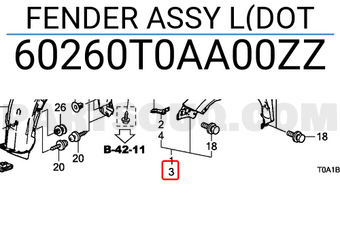 Honda 60260T0AA00ZZ FENDER ASSY L(DOT