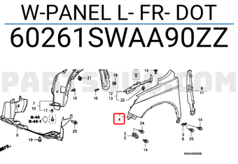 Honda 60261SWAA90ZZ W-PANEL L- FR- DOT