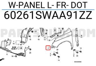 Honda 60261SWAA91ZZ W-PANEL L- FR- DOT