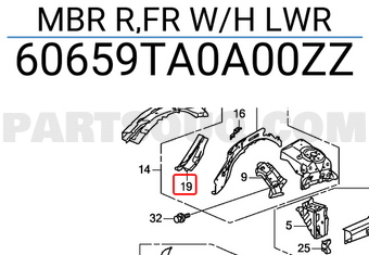 Honda 60659TA0A00ZZ MBR R,FR W/H LWR