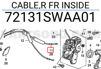 Honda 72131SWAA01 CABLE,R FR INSIDE