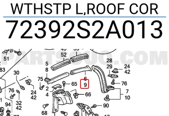 Honda 72392S2A013 WTHSTP L,ROOF COR