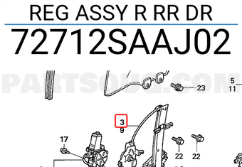 Honda 72712SAAJ02 REG ASSY R RR DR