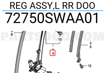 Honda 72750SWAA01 REG ASSY,L RR DOO