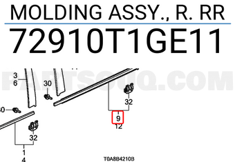 Honda 72910T1GE11 MOLDING ASSY., R. RR