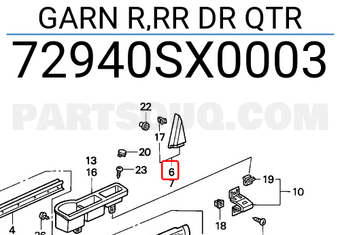 Honda 72940SX0003 GARN R,RR DR QTR