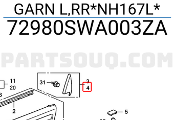 Honda 72980SWA003ZA GARN L,RR*NH167L*