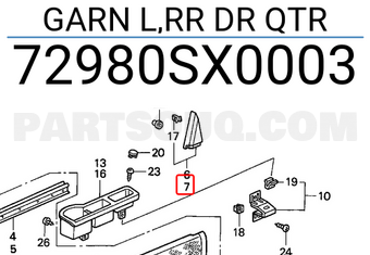 Honda 72980SX0003 GARN L,RR DR QTR