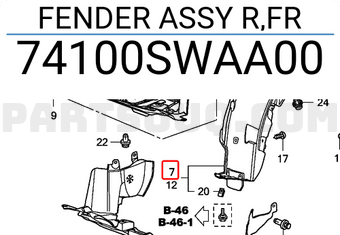 Honda 74100SWAA00 FENDER ASSY R,FR