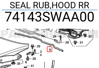 Honda 74143SWAA00 SEAL RUB,HOOD RR