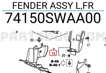 Honda 74150SWAA00 FENDER ASSY L,FR
