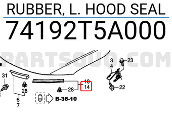 Honda 74192T5A000 RUBBER, L. HOOD SEAL