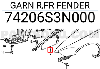 Honda 74206S3N000 GARN R,FR FENDER