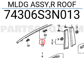 Honda 74306S3N013 MLDG ASSY,R ROOF