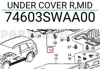 Honda 74603SWAA00 UNDER COVER R,MID