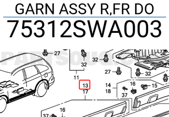 Honda 75312SWA003 GARN ASSY R,FR DO