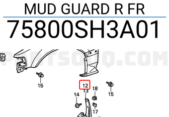 Honda 75800SH3A01 MUD GUARD R FR