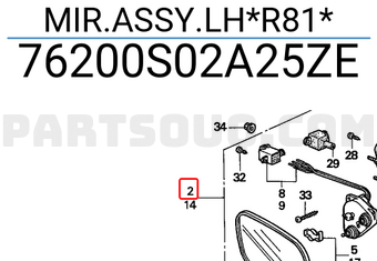 Honda 76200S02A25ZE MIR.ASSY.LH*R81*