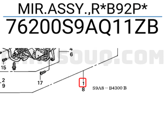 Honda 76200S9AQ11ZB MIR.ASSY.,R*B92P*