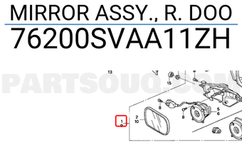 Honda 76200SVAA11ZH MIRROR ASSY., R. DOO